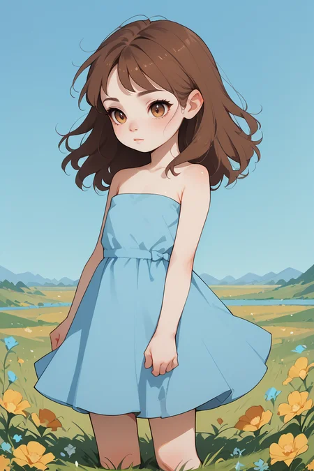 score_9,score_8_up,score_7_up,score_6_up,score_5_up,score_4_up,
1girl, solo, female child, brown hair, hazel eyes, blue strapless dress, BREAK, clear stream rocks, grass, flowers,
 <lora:NoctFlatStyleV4:1>
 <lora:age_slider_v4:-4>