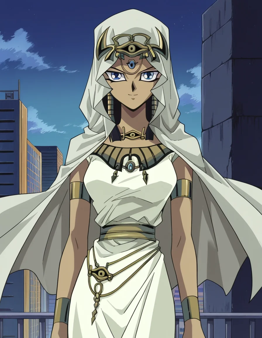 score_9, score_8_up, score_7_up, source_anime,
ishuzuishtar, <lora:ishuzu-ishtar-anime-ponyxl-lora-nochekaiser:1>,
ishuzu ishtar, blue eyes, dark skin, dark-skinned female, black hair, egyptian,
dress, jewelry, hood, cape, armlet, eye of horus,
outdoors, cityscape, smile,
looking at viewer, dutch angle, cowboy shot,
