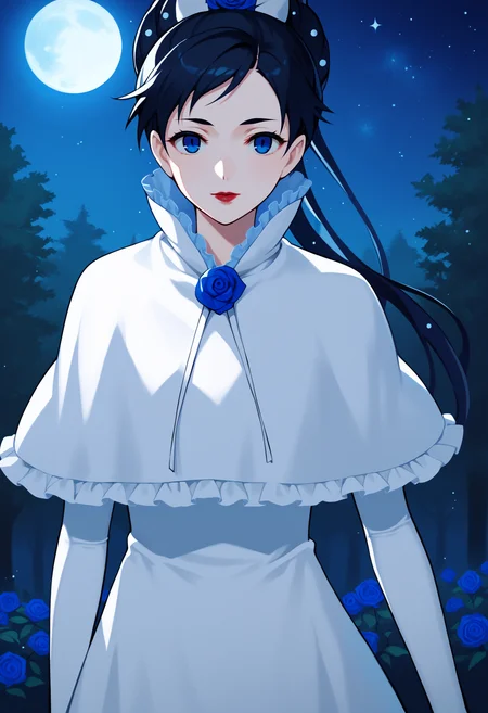 score_9, score_8_up, score_7_up, BREAK
1girl, divabl, blue eyes, black hair, long hair, lipstick, hair bun, ponytail,
hair bow, blue flower, blue rose,
dress, white capelet, white elbow gloves, frills,
outdoors, night, forest, night, moon, starry sky, looking at viewer, cowboy shot, dutch angle,
[refraction|caustics|rim lights|backlighting|bloom], <lora:DivaPDXL_byKonan:1>
