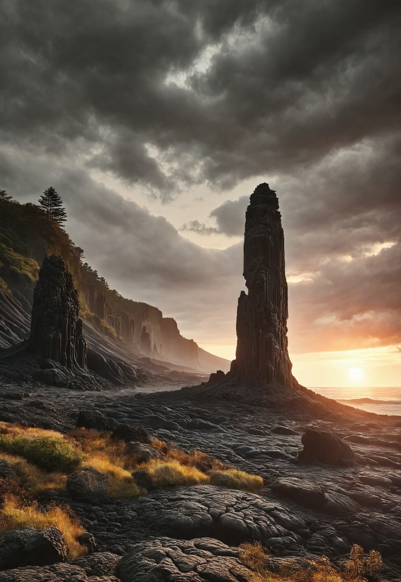 score_9, score_8_up, score_7_up, score_6_up, ng_deepnegative_v1_75t,
Statue (colossal, gaint hand, reaching upward, Basalt rock formations along coastline (volcanic lava, solidified into a dark-colored, fine-grained extrusive igneous rock, distinctive columnar formations, cracked geometric shapes, hexagons, pentagons, columnar basalt), 
masterpiece, forest scene, PYS-XL,