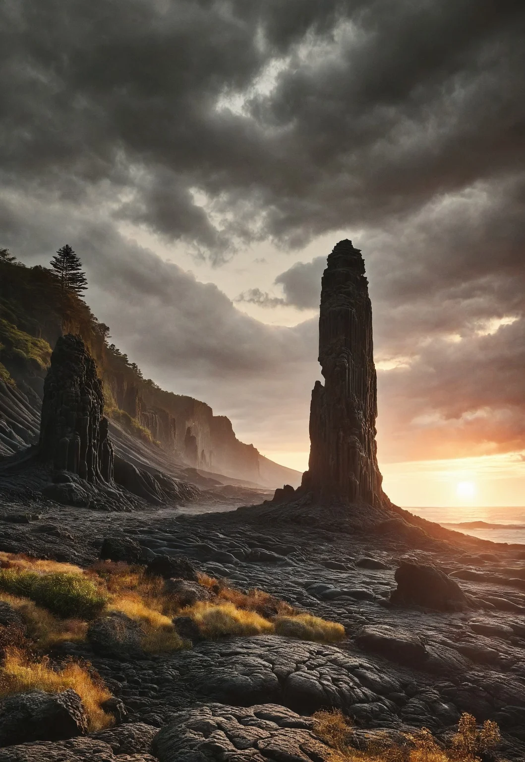 score_9, score_8_up, score_7_up, score_6_up, ng_deepnegative_v1_75t,
Statue (colossal, gaint hand, reaching upward, Basalt rock formations along coastline (volcanic lava, solidified into a dark-colored, fine-grained extrusive igneous rock, distinctive columnar formations, cracked geometric shapes, hexagons, pentagons, columnar basalt),
masterpiece, forest scene, PYS-XL,