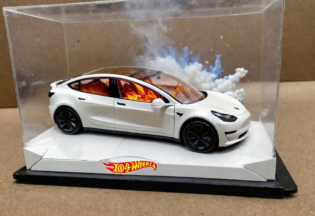 Hot Wheels toy car company have made a toy car version of a Tesla Model 3, The toy telsa model 3 car comes in a mini display unit/box. The car is exploding into fire and flames, white smoke fills the top of the display box, (realistic explosion from car), (realistic Flames bellow from the car windows inside the display unit),  (standing next to the car is a little palstic toy man, he holds both arms in the air,