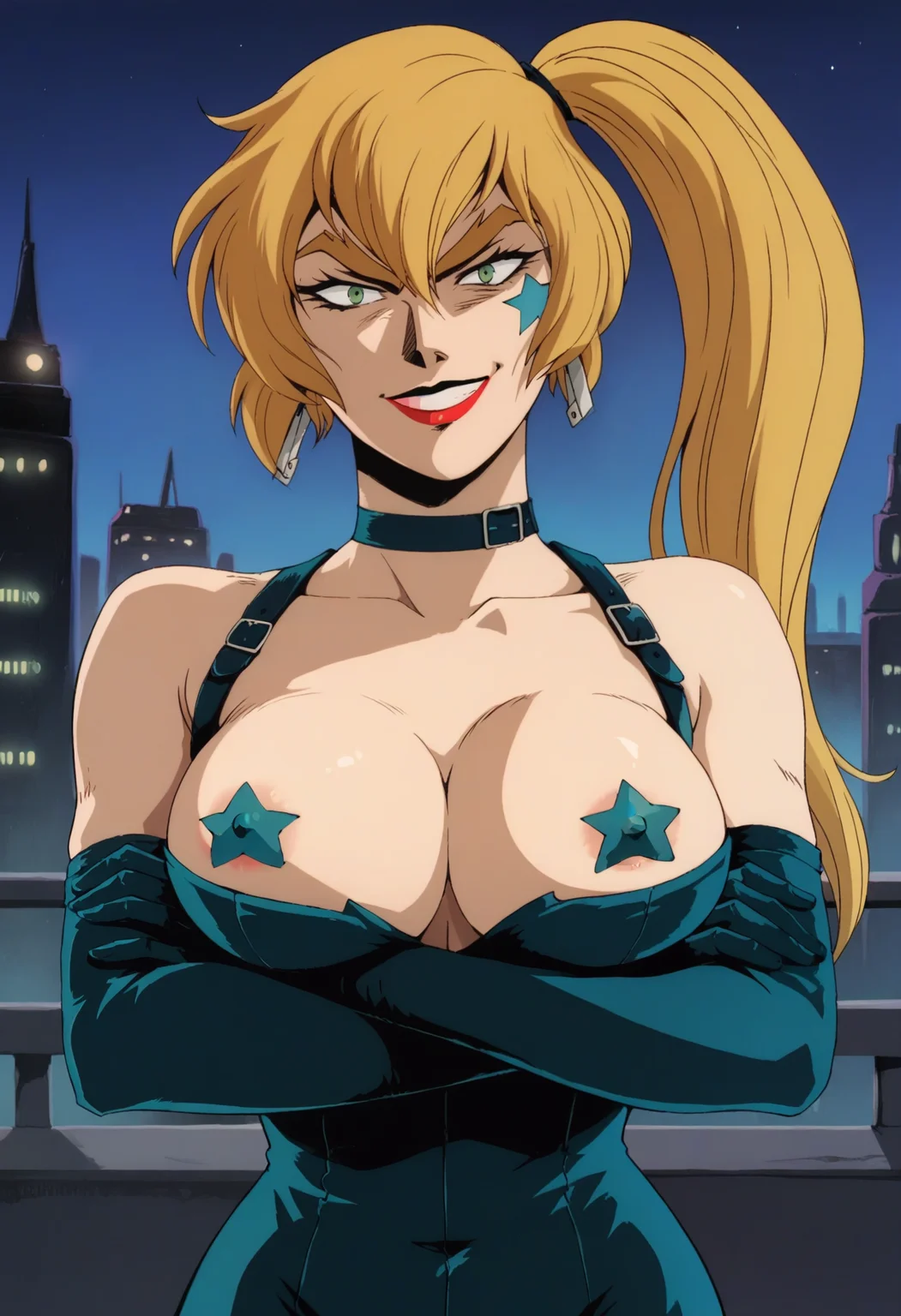 score_9, score_8_up, score_7_up, score_6_up, <lora:SCHDeathStar_epoch_5:0.8>, SCHDeathStar, blonde hair, long hair, thick eyebrows, side ponytail, hair between eyes, green eyes, facial mark, earrings, lipstick, large breasts,
choker, bodysuit, elbow gloves, cleavage, star pasties, covered nipples, high heels,
standing, looking at viewer, crossed arms, upper body, evil smile, 
BREAK night sky, dark background, cityscape, city lights,