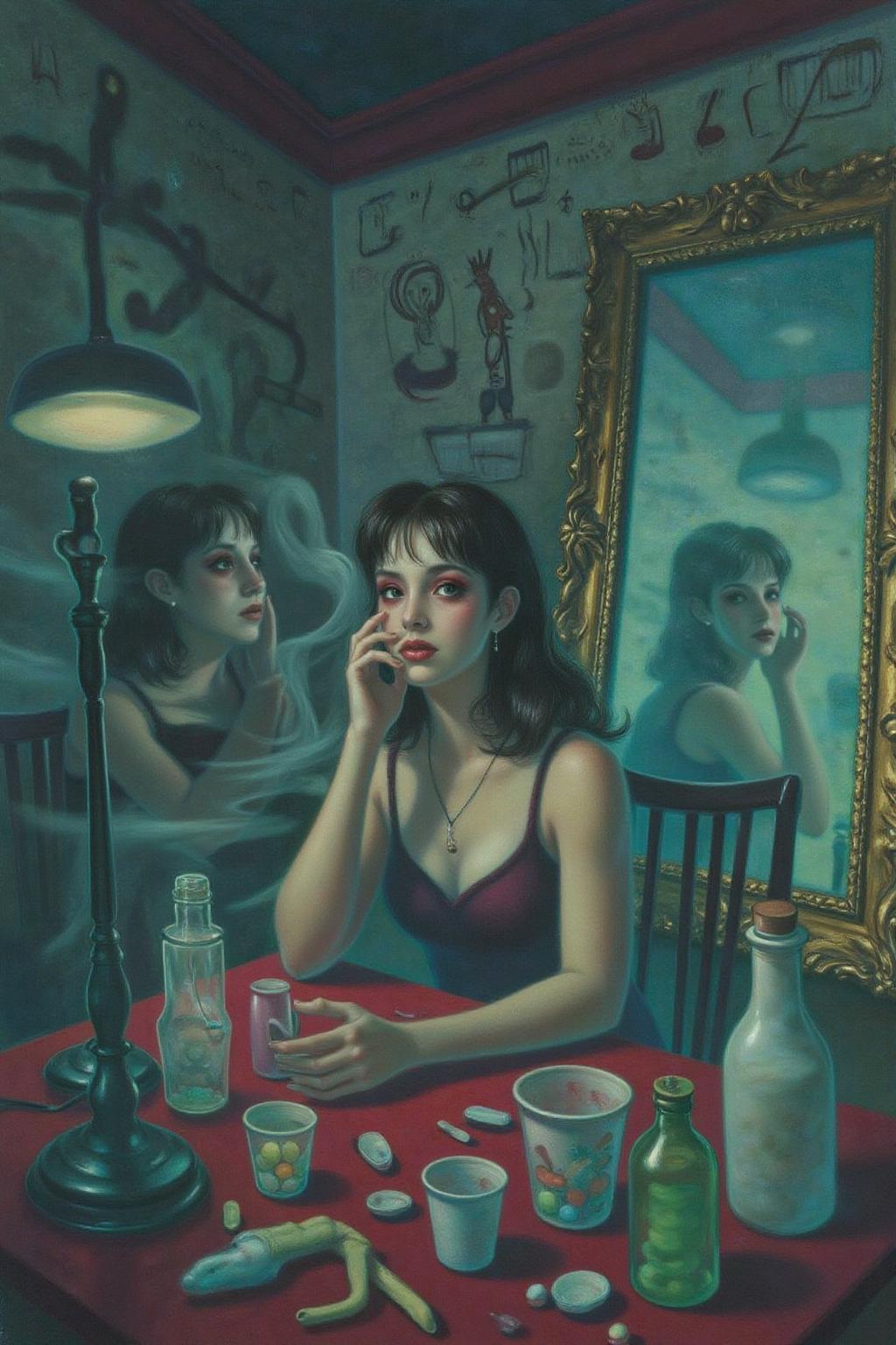 magr1 illlustration.
Create a cinematic, surreal portrait of a woman seated at a cluttered red table, surrounded by mirrored reflections of herself. She wears intense red eye makeup that accentuates her expressive gaze. The scene is filled with translucent glass cups, pill containers, and small bottles, all creating an eclectic and moody atmosphere. Smoke rises around her, adding a dreamlike quality, while a wallpaper of hand-drawn symbols or calligraphy fills the background. The lighting is muted and soft, emphasizing a reflective and introspective mood with a retro, film-noir style <lora:magr1_cap_d6a3e12:1.0><lora:828070738629044920:0>