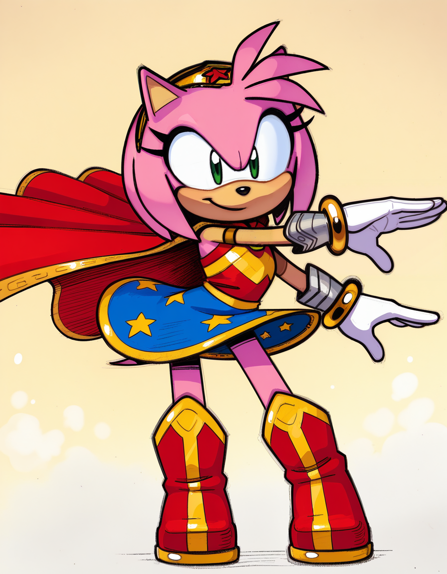 1girl, solo, no humans, petite, standing, arms flung wide, dancing pose, exuberant smile, carefree spirit,
<lora:WonderAmy_v1:0.9> wonderamy, alternate costume, amy rose, gold trim, red cape, white gloves, bracer, gold hairband, blue skirt, sleeveless, breastplate, armored boots, red boots, star \(symbol\), star print, bare shoulders, armlet, miniskirt, gold brooch, brooch, red shirt, gold bracelet, tail through clothes,
 traditional media, sketch, hatching \(texture\), watercolor \(medium\),  <lora:Captain_Molasses_v2:1> capmol, extremely detailed, highres, masterpiece, best quality