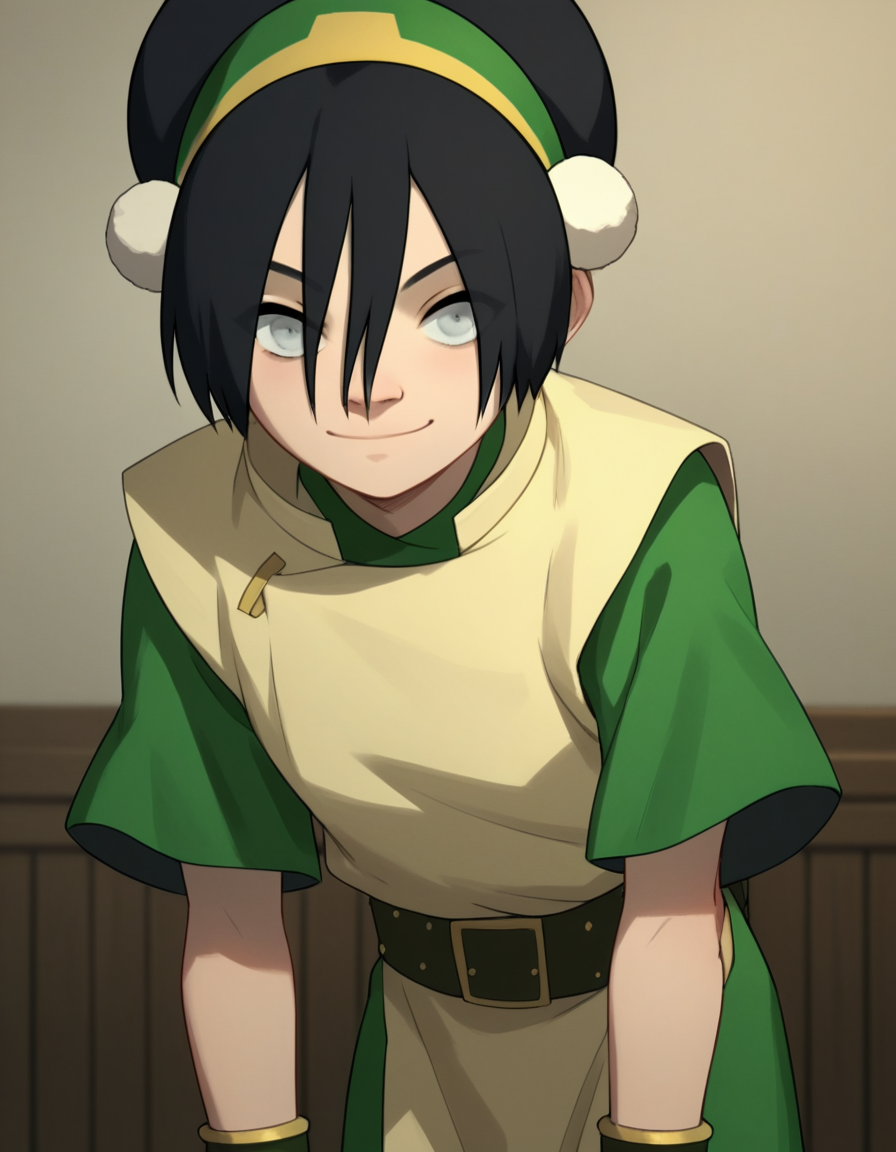 score_9, score_8_up, score_7_up, source_anime, <lora:toph-beifong-book2-ponyxl-lora-nochekaiser:1>, toph beifong, black hair, hairband, blind, grey eyes, hair between eyes, short hair,, shirt, green shirt, vest, belt, short sleeves,, indoors, bent over, smile, looking at viewer, solo, cowboy shot, dutch angle