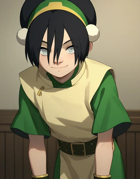 score_9, score_8_up, score_7_up, source_anime, <lora:toph-beifong-book2-ponyxl-lora-nochekaiser:1>, toph beifong, black hair, hairband, blind, grey eyes, hair between eyes, short hair,, shirt, green shirt, vest, belt, short sleeves,, indoors, bent over, smile, looking at viewer, solo, cowboy shot, dutch angle