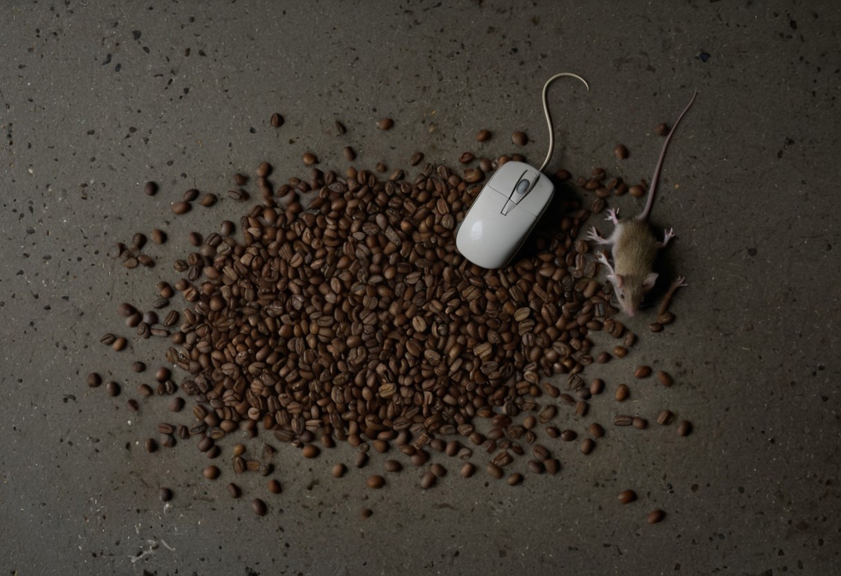 clutter, trash, coffee beans, moss, dead rat, dead mouse, dead rodent, belly up, concrete floor, low key
