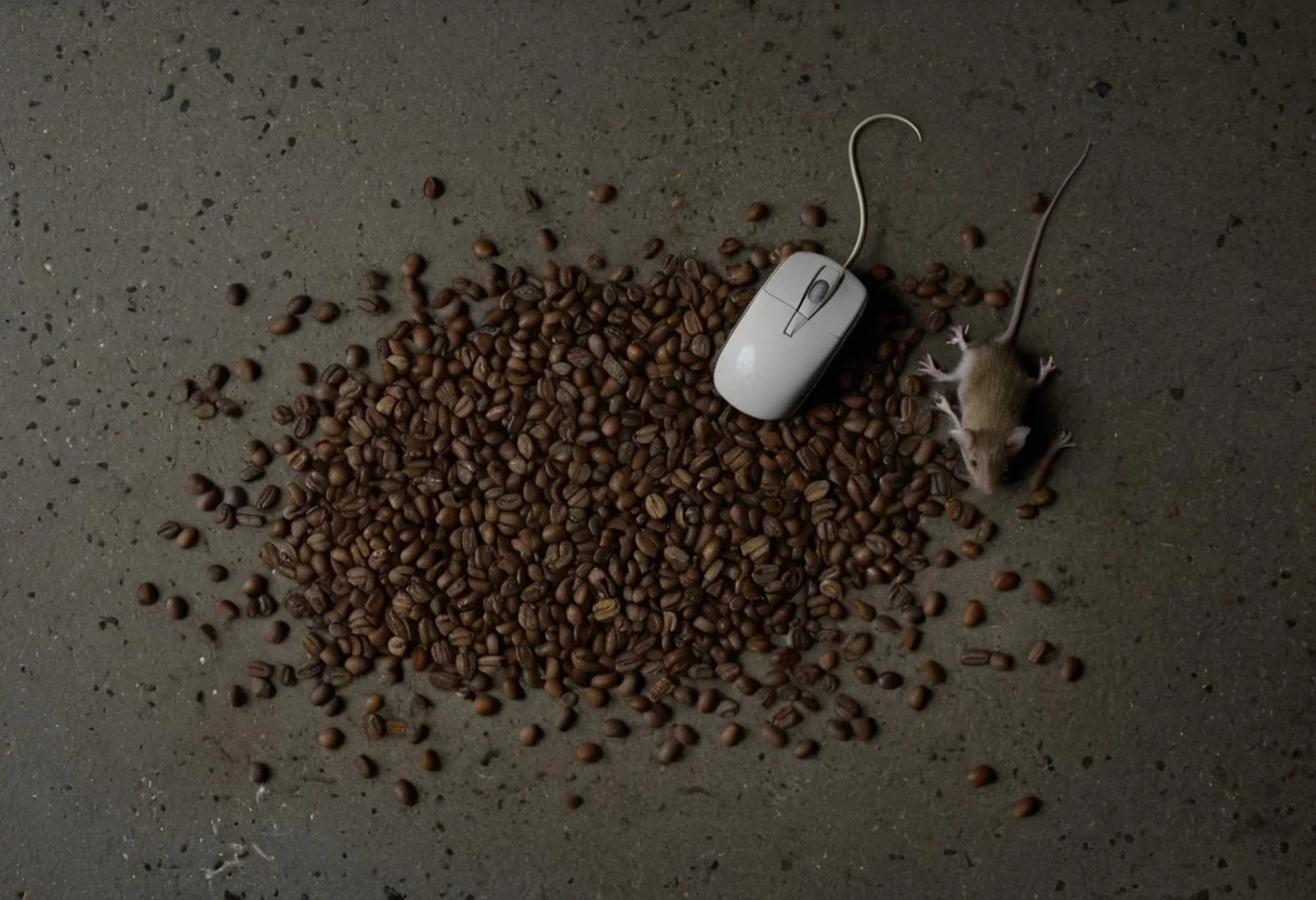 clutter, trash, coffee beans, moss, dead rat, dead mouse, dead rodent, belly up, concrete floor, low key