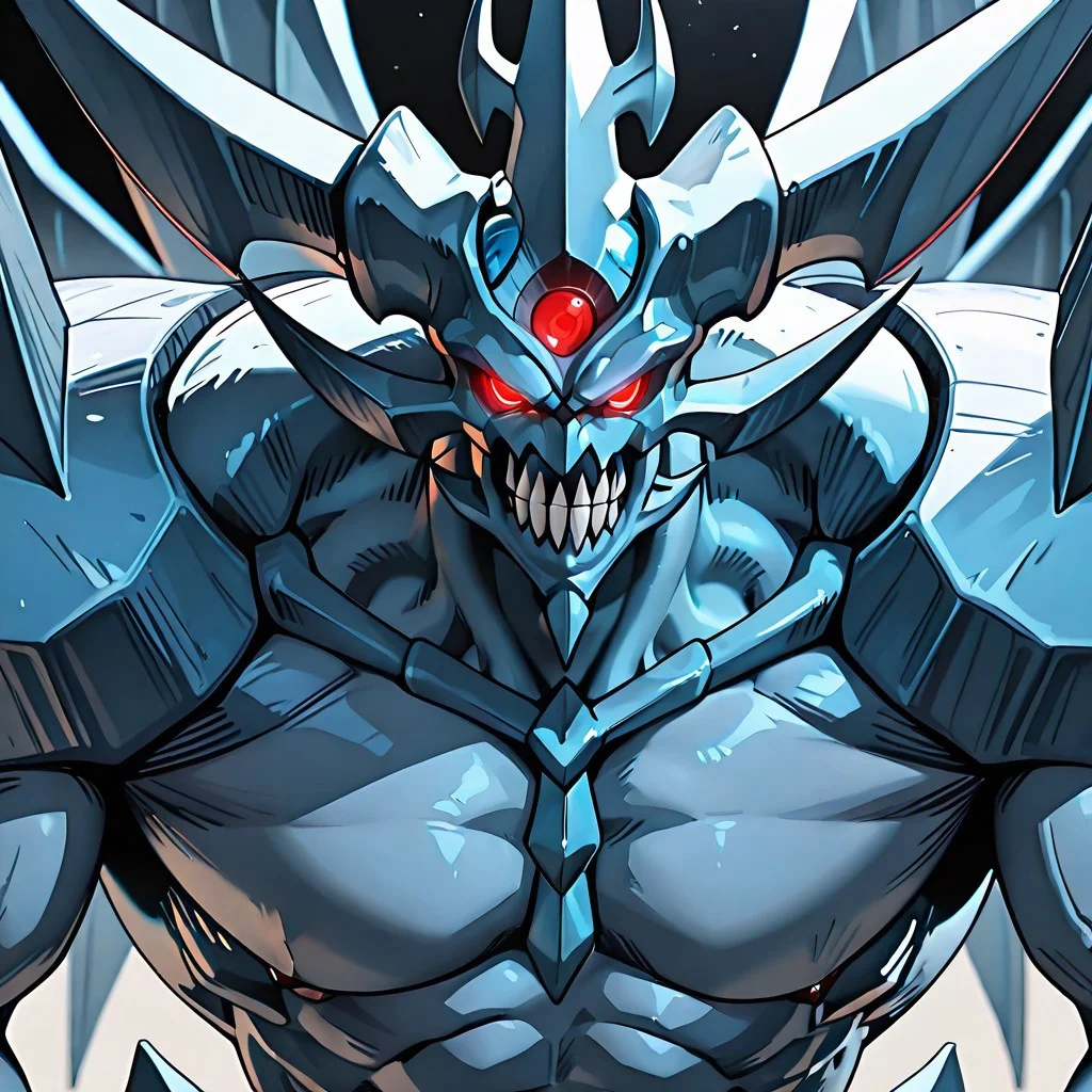 8K, In'ei, perfect depth of field shot, masterpiece, photographic realism, 8K CGI render, beautiful, sharp focus, crisp details, masterclass animation, source_anime, masterpiece,best quality,amazing quality,Perfect facial details, 1 boy, bara, solo, 0be1isk, blue skin, male focus, teeth, muscular, glowing, glowing eyes, monster, Wings,
