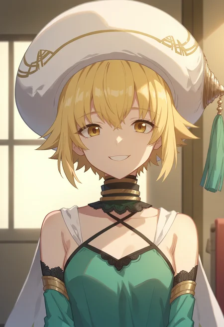 score_9, score_8_up, score_7_up, score_6_up, score_5_up, score_4_up , anime coloring ,BREAK source_anime, anime,screencap,
1girl, solo, atoli, halterneck, green dress, white hat, bare shoulders, choker, white cape,<lora:PonyXL Atoli V1:1>
indoors,smile, looking at viewer, upper body,