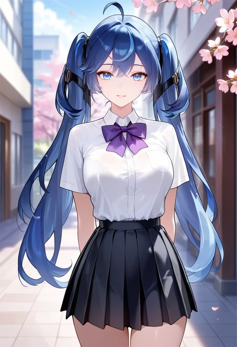 masterpiece, best quality, amazing quality,iuno, blue eyes,dark blue hair,ahoge, twintails, long hair, 1girl, solo, breasts,school uniform,pleated skirt,white shirt, black skirt, purple bow,short sleeves, parted lips, light smile, standing,arms behind back, looking at viewer, cowboy shot, blurry background, outdoors, school, cherry blossom <lora:iunoV1:0.9>