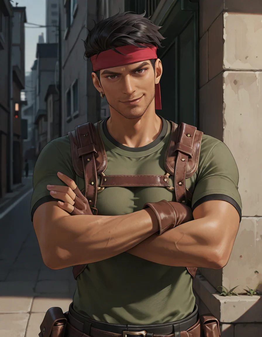 masterpiece, best quality, newest, perfect quality, best quality, detailed background, intricate details, male focus, realistic, solo, <lora:FF7 - Biggs - Illustrious-000007:0.7>, 7biggs, dark skin, 1boy, black hair, short hair, brown eyes, stubble, red headband, single earring, green shirt, harness, holster, brown gloves, fingerless gloves, crossed arms, head tilt, looking at viewer, smirk, outdoors, city