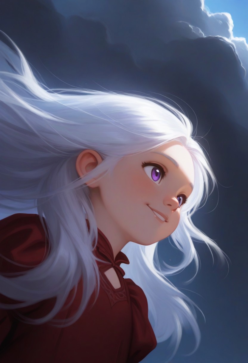!girl, Aerea Targaryen, A song of Ice and Fire, DnD, Long Lustrious Hair, white Hair, Long white Hair, purple eyes, innocent eyes, child (between ages of 12-10), lovely smile, dark background, wearing a red dress, 1girl, childish features, sole girl, dynamic lighting, dynamic angle, cloud, volumetric lighting, blue sky, portrait, upper body,