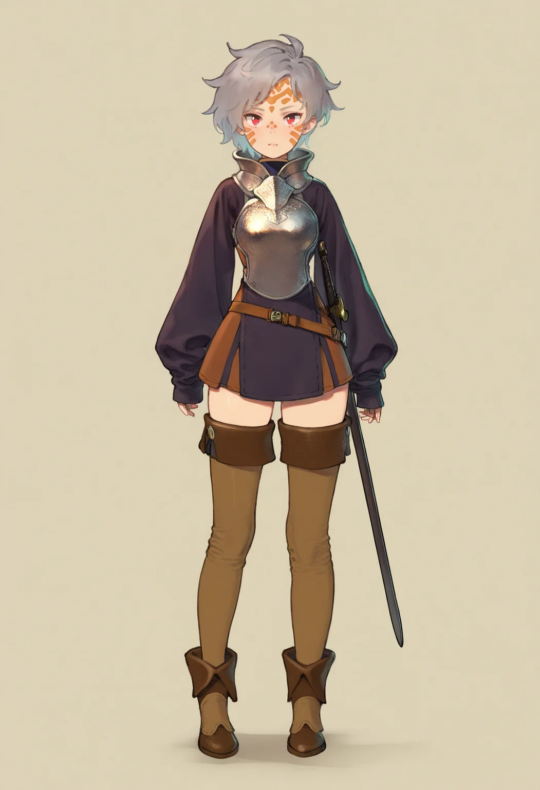 best quality, amazing quality, very aesthetic, absurdres,
1girl, grey hair, facial mark, red eyes,
breastplate, brown boots, full body, long sleeves, looking at viewer, scabbard, sleeves past wrists, solo, standing, sword, thighhighs, simple background, <lora:MoryoNoob_byKonan:1>