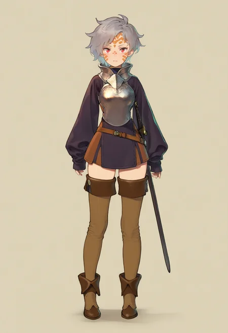 best quality, amazing quality, very aesthetic, absurdres,
1girl, grey hair, facial mark, red eyes,
breastplate, brown boots, full body, long sleeves, looking at viewer, scabbard, sleeves past wrists, solo, standing, sword, thighhighs, simple background, <lora:MoryoNoob_byKonan:1>