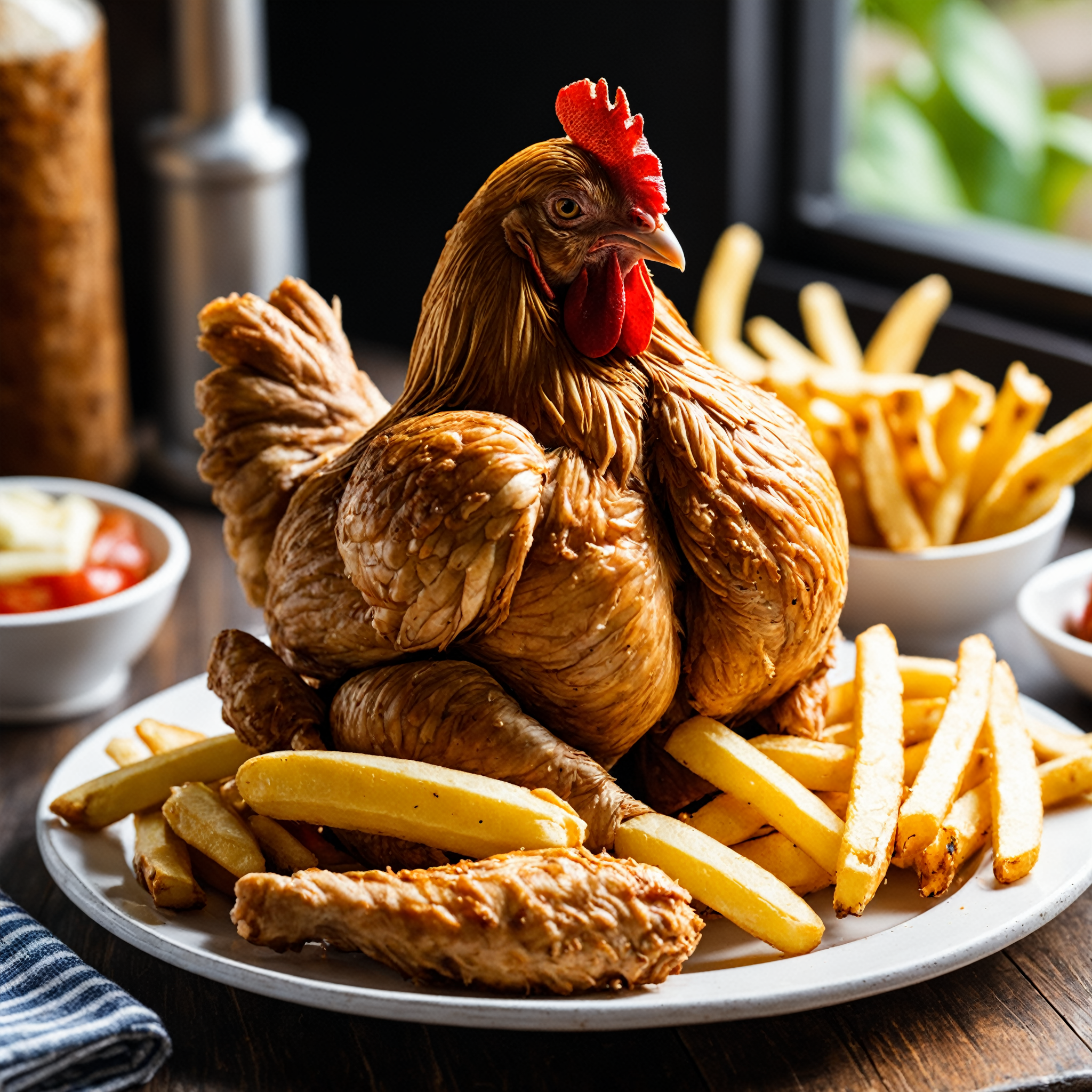 Closeup photo  of a whole living chicken, deep-fried,is sitting on a plate with french fries.l, natural light