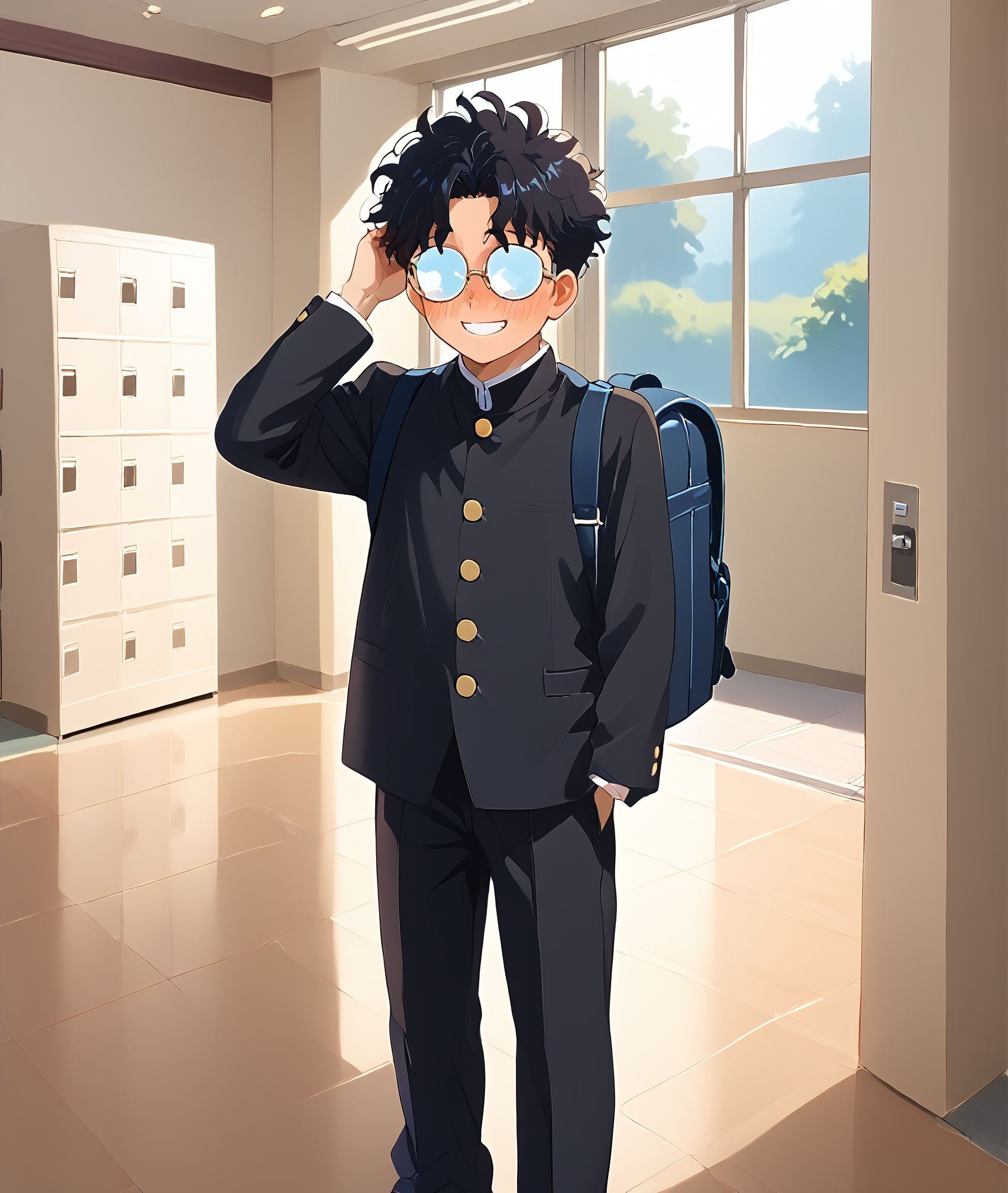 score_9,score_8_up,score_7_up,masterpiece, best quality, <lora:WHM 0.2v:0.5>, WHM, 2D,anime,  
getabako, scenery,  locker, school, indoors,window,sunlight, <lora:gakkou_getabako_PONY_V1:0.5> 
school genkan, door,open door, full-face blush, 
1boy, solo,standing, 
<lora:blush:1> hand on head, nervous smile,  evil grin, wearing a school backpack on the shoulde,
BREAK
opaque glasses, <lora:Opaque_glasses_r1:1.5>
  <lora:okarun_pony:0.8> 1boy, okarun, black hair, curly hair, (glasses), short hair, shoes, long sleeves, 
 gold buttons, black gakuran,  <lora:Classic_gakuran:0.7>
(black gakuran, black pants:1.4),