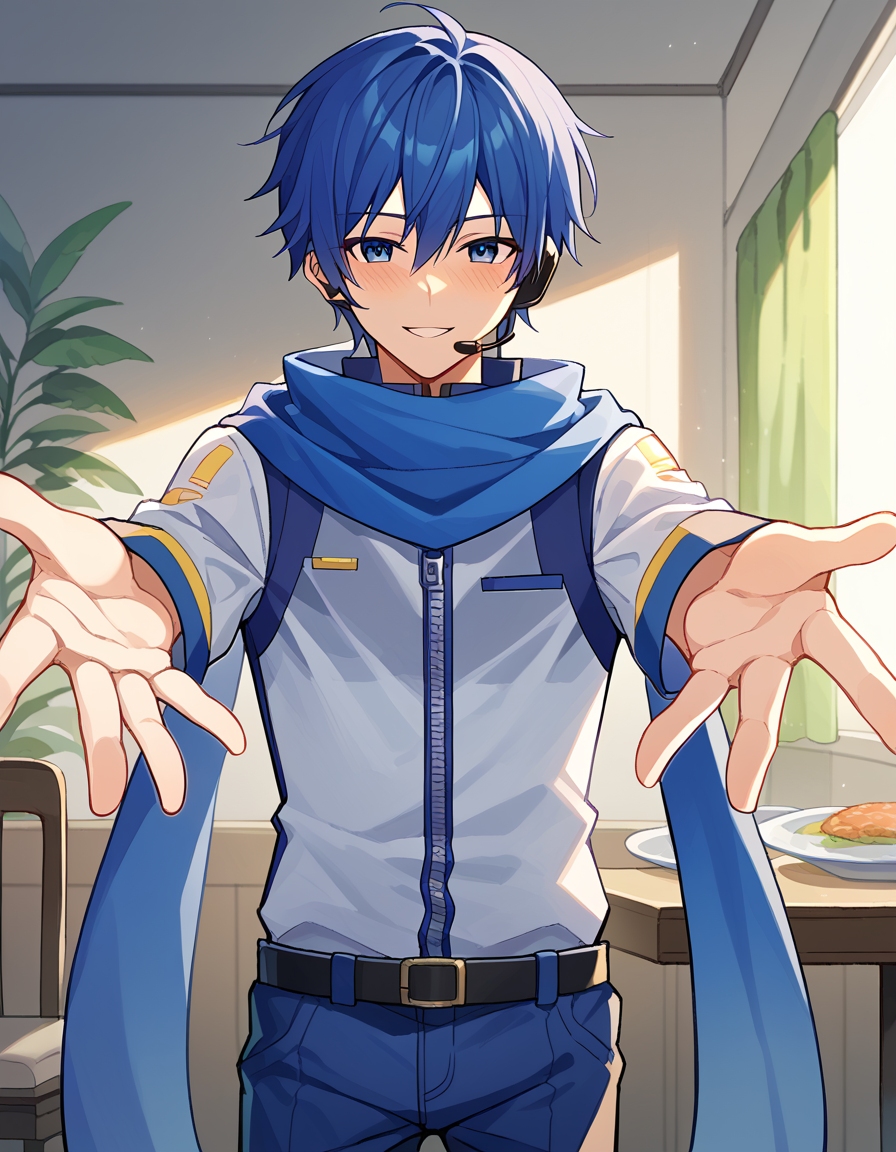 score_9, score_8_up, score_7_up, source_anime, <lora:vocaloid-kaito-ponyxl-lora-nochekaiser:1>, kaito, kaito (vocaloid), blue eyes, blue hair, male focus,, belt, blue pants, blue scarf, blue shirt, coat, headset, microphone, pants, scarf, see-through clothes, zipper, dining room, table, chairs, dishes, cutlery, , <lora:incoming-hug-ponyxl-lora-nochekaiser:1>, incoming hug, looking at viewer, reaching, reacing towards viewer, outstretched arms,, bedroom, smile, blush, parted lips, looking at viewer, solo,, dutch angle, cowboy shot