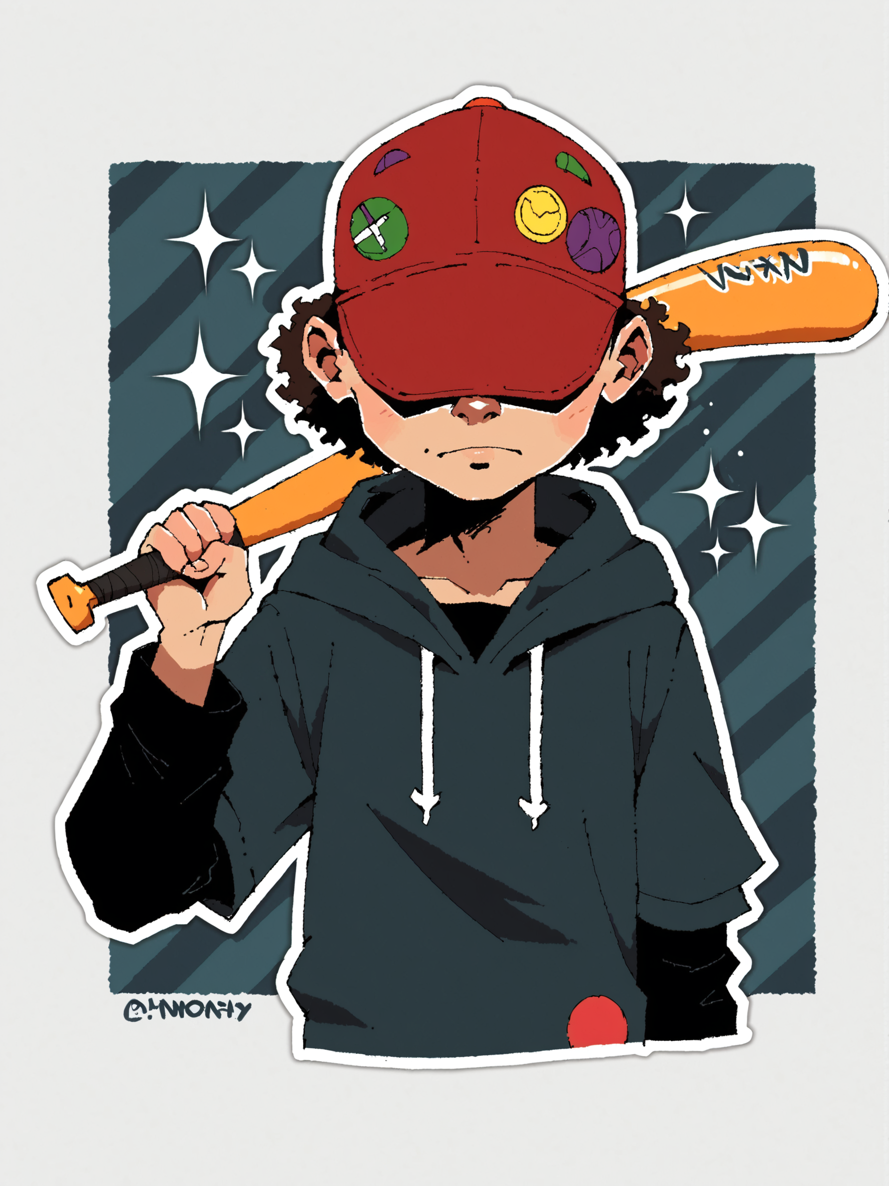 score_9, score_8up, score_7up, score_6up, score_5up, score_4up, abstract background, source_cartoon, rating_safe, BREAK
solo, 1boy, sh0b@t, baseball cap, curly hair, hat over eyes, no eyes, bent baseball bat, hoodie, long sleeves, shorts, upper body focus, BREAK
<lora:Shonen_Bat__Lil_Slugger_-_Paranoia_Agent_-_PDXL:1>