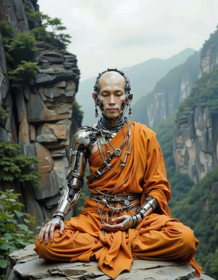 SentinelBot. This is a highly detailed CGI rendering of a futuristic, robotic monk sitting in a meditative pose on a rocky outcrop. The monk, with a bald head and serene expression, is encased in a complex, metallic exoskeleton that resembles an intricate network of mechanical parts and wires. The exoskeleton covers his entire body, including his head, and is adorned with various mechanical components that give it a futuristic, almost alien appearance. He wears an orange robe, typical of Buddhist monks, which is draped over the exoskeleton and hangs loosely around his body.
The background features a misty, mountainous landscape, with dense, green foliage and towering cliffs that stretch into the distance, creating a sense of depth and isolation. The sky is overcast, contributing to a muted, almost ethereal atmosphere. The monk is seated cross-legged on a flat, jagged rock, with his hands resting on his knees, palms upward, in a traditional meditative position.
The overall color palette is dominated by the monk's orange robe and the metallic exoskeleton, which contrasts sharply with the muted greens and greys of the natural surroundings. The image conveys a blend of ancient spirituality and advanced technology, blending the traditional with the futuristic. <lora:The_Vanguard:0.8>