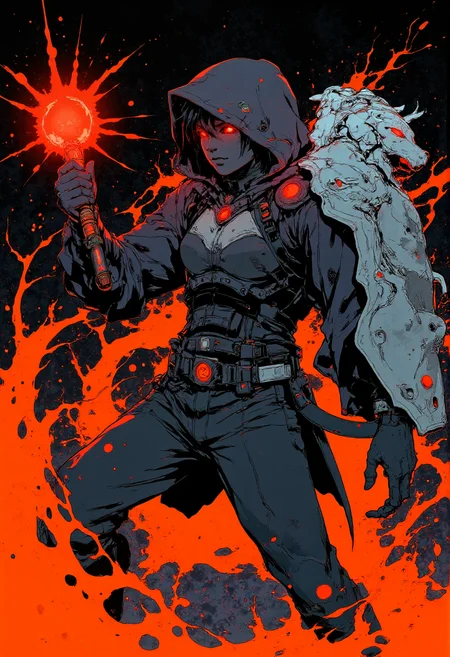 a dynamic and intense anime-style illustration featuring A mysterious Dungeon warrior with red face, holding a magic orb in one hand and a shield made from a wolf's head in the other. The magic orbs burst out abstract splashes of swirling magic energy. He is dressed in bright armor with scales and vibrant accents, ready for battle with an intensive stance. In the style of hauntingly atmospheric dark fantasy, abstract splashes of vibrant colors<lora:Let_It_Blaze_in_Crimson_anime_v1.0:0.8>