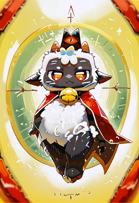 zuppu11, full body, solo, furry, score_9, score_8_up, look at viewer, male focus, no humans, furry male, flux-style, detailed eyes, furry, l4mb, lamb, horns, neck bell, cape,