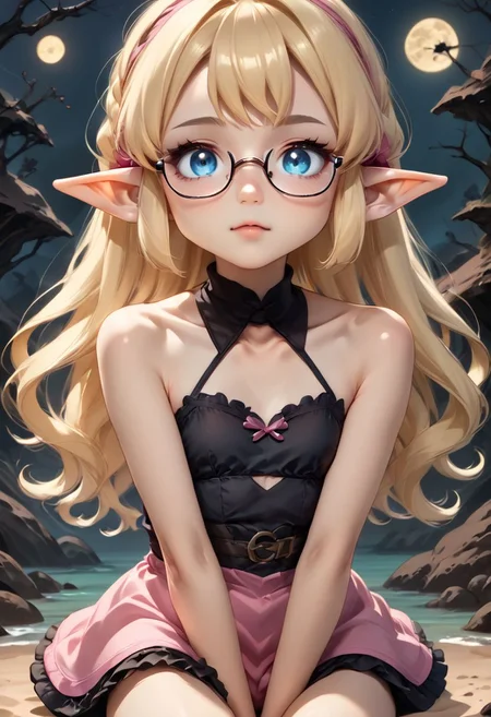anime art. girl with blonde hair, cute blue eyes, glasses, pointy ears. pink short dress, flat chest, dark woods. black sand