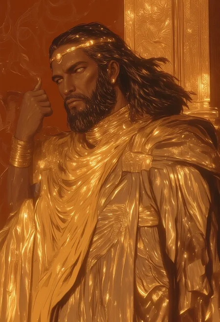 Hyper-realistic close-up portrait of a man in HD, 8K, hyper-rendered quality, dressed in an asymmetrical Greek-inspired robe that fuses Renaissance elegance with 2040 streetwear. The oversized fabric cascades in dramatic, layered folds, adorned with intricate chrome and gem-studded patterns that mimic ancient Greek armor, blending classical strength with futuristic design. His high turtleneck, made from sleek, luminous fabric, gleams with subtle fiber optic detailing that catches light like liquid crystal, creating a faint, otherworldly glow across his porcelain, oily skin. His expression is calm and intense as he leans forward slightly, his hand elegantly poised in a gesture reminiscent of classical Greek statues. The background, in muted terracotta, contrasts with his attire, embedded with geometric shapes and surreal patterns that echo the grandeur of Greek temple architecture while incorporating modern urban influences. The combination of porcelain, oily skin, sharp lighting, and high-definition rendering enhances every detail of his features, creating an ethereal, otherworldly presence that blurs the line between classic and contemporary aesthetics. (perfection style, ne0nfant4sy)