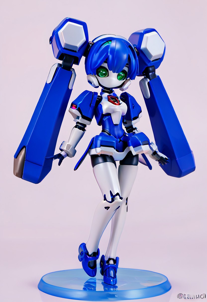 masterpiece, score_9, score_8_up, score_7_up, EasyNegative_v2, 
(best quality:1.1),ultra-detailed, high resolution, super detailed skin, beautiful detailed eyes, nsfw, Brightly Lit, Highly Visible, 8k, sharp focus, beautiful, perfect lighting, beautiful eyes, anatomically correct, anatomically correct face, extremely detailed eyes, smooth edges, beautiful face, symmetrical eyes, symmetrical face, 
(standing, Full-body view:1.2), 
1girl, cute girl, blazermate, (robot girl, android:1.3), (roaot eyes, green eyes, blue hair, twin tails, no mouth:1.2), (colored skin, robot skin, white skin, blue skin, robot joints:1.5), 
(simple background, white background:1.2), (solo focus:1.5), 
(looking at viewer:1.5),  (figurine:1.5),