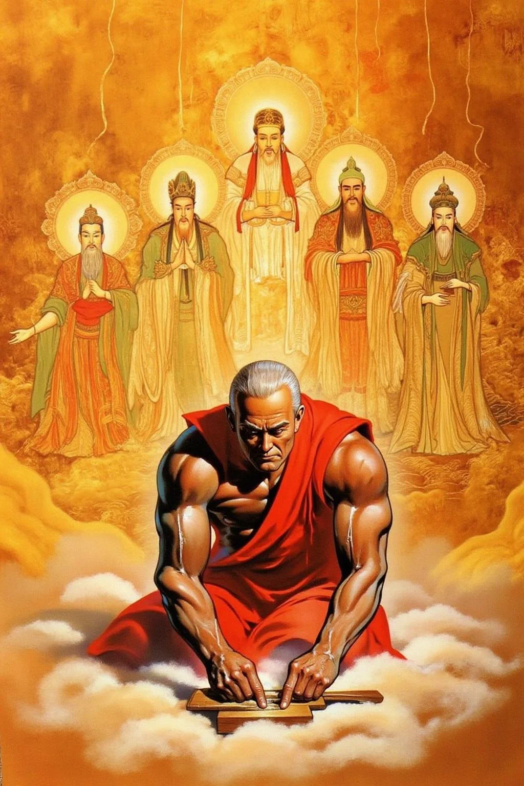 chenu1 illustration.
A striking illustration featuring an aged, muscular man kneeling on a cloud-like surface, intently working with a traditional wooden tool. He wears a red garment that reveals his powerful physique and silver hair. Behind him, a vibrant golden background showcases four ethereal figures in traditional Chinese robes, representing deities or celestial beings, with intricate details and a spiritual aura. The composition blends realism with mysticism, using warm tones and dramatic lighting to create a sense of divine inspiration and craftsmanship.
<lora:chenu2_poster_cap_d6a3:1.0><lora:822506849015177464:0>