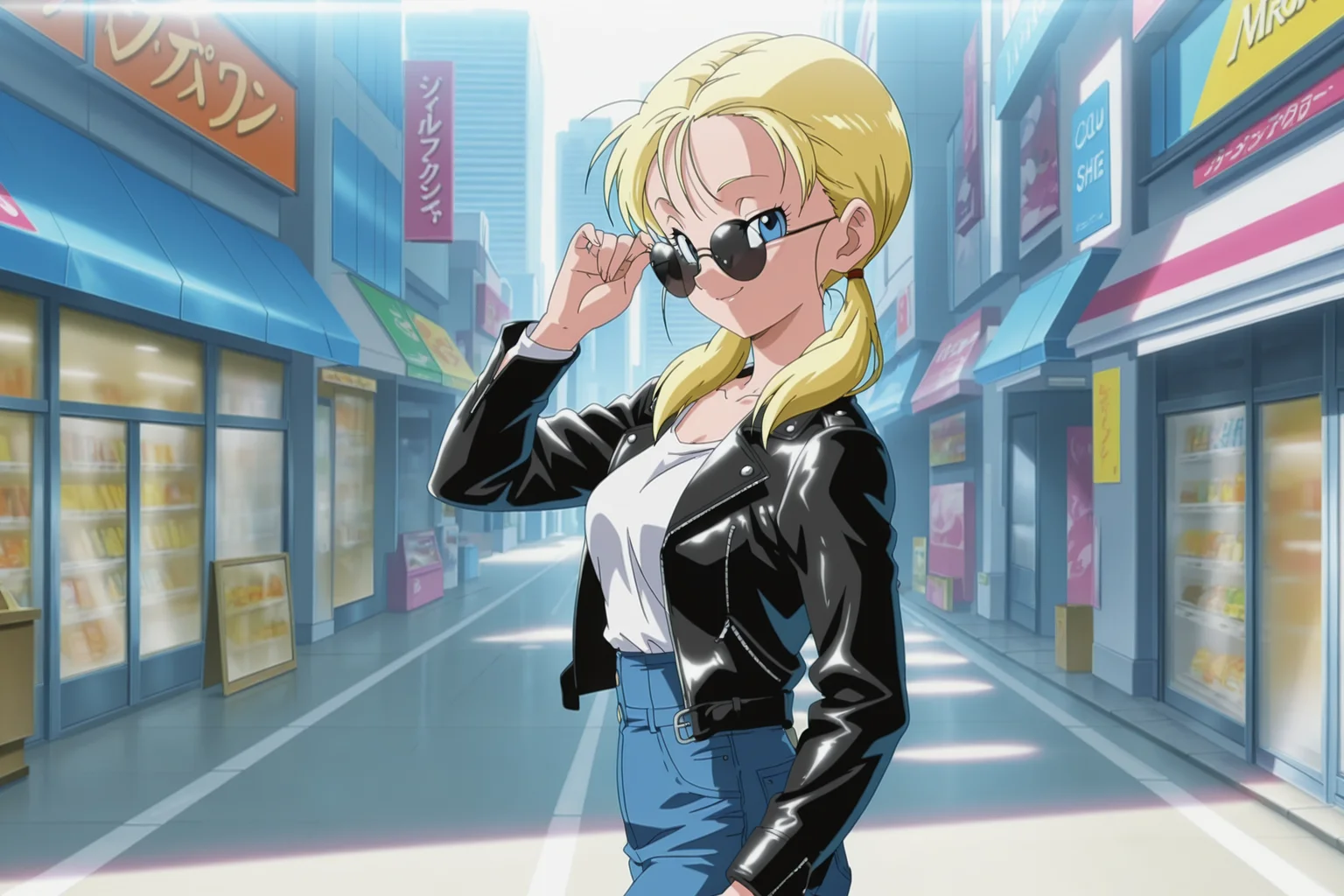 anime screencap, masterpiece, best quality, amazing quality, very aesthetic, absurdres, newest, (scenery, volumetric lighting),
official style, 1girl, solo,
marron, blue eyes, blonde hair, twintails,
leather jacket, jeans, high-waist pants, white shirt, collarbone, city, shop, road, walking, sunglasses, adjusting eyewear, looking at viewer, seductive smile, from side,
dappled sunlight, light rays,
<lora:Marron_IL:0.8>