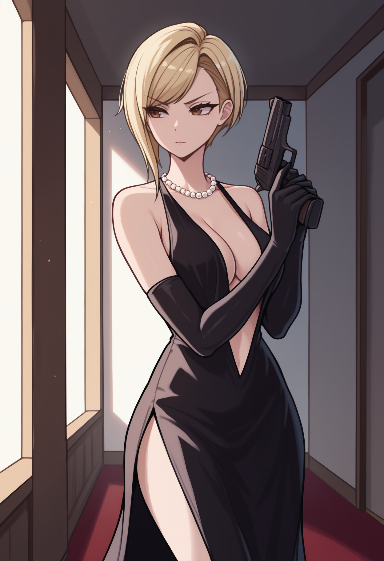 masterpiece, best quality, <break> cowboy shot, solo, 1girl, yrena, serious, looking to the side, holding gun, handgun, two-handed, hands up, short hair, blonde hair, asymmetrical hair, swept bangs, brown eyes, v-shaped eyebrows, evening gown, long dress, black dress, sleeveless dress, center opening, plunging neckline, side slit, black gloves, elbow gloves, pearl necklace, bare shoulders, indoors, hallway, sidelighting
<segment:yolo-Anzhc Face seg 640 v2 y8n.pt,0.4,0.5//cid=1>