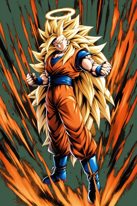 1boy,male focus,blonde hair,super saiyan 3,solo,son goku,halo,dougi,full body,long hair,muscular,spiked hair,boots,transparent background,muscular male,wristband,very long hair,<lora:Dragon Ball_XL:0.8>,