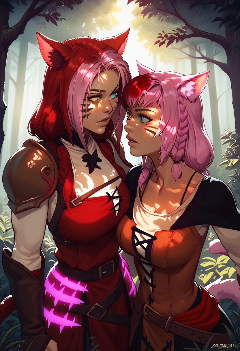 score_9, score_8_up, score_7_up, 2 girls, sabrith, girl tayelle, sabrith and tayelle, indoor, outside, fantasy forest, outdoor, fit, soft lighting, close, clothes, sabrith red cross-laced dress with loin, tayelle with white ouftit, dramatic lighting volumetric lighting, digital art, sunny day, intense, cat ears, cat tail, heterochromia,  different heights, (eyes open), looking at each other intensly, sabrith red hair, sabrith red cat tail, tayelle pink fluffy fox tail, tayelle pink hair