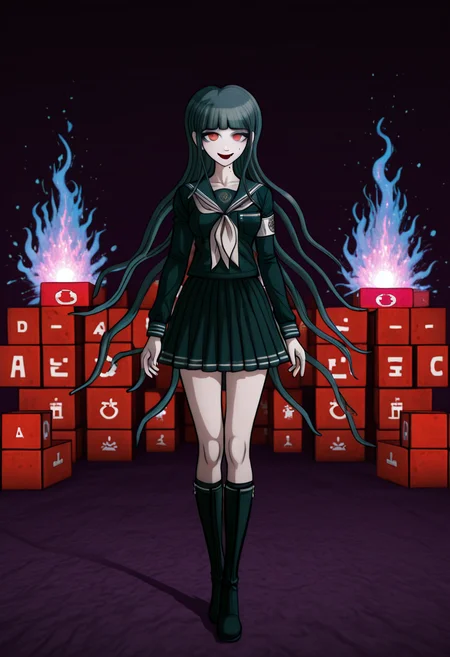 masterpiece, best quality, absurdres, <lora:Danganronpa_Locations:1>, danganronpa sprite style, danganronpa_sprite_style , <lora:Amemiya_Darumi_Danganronpified:0.4>,1girl,:d,amemiya_darumi,armband,black_boots,black_bow,black_hair,black_sailor_collar,black_serafuku,black_shirt,black_skirt,blood,blood_from_eyes,blue_hair,blunt_bangs,bodysuit,boots,bow,collarbone,full_body,gradient_hair,hair_bow,knee_boots,komatsuzaki_rui,last_defense_academy_school_uniform,long_hair,long_sleeves,miniskirt,mole,mole_under_mouth,multicolored_hair,neckerchief,pleated_skirt,red_eyes,sailor_collar,school_uniform,serafuku,shirt,skirt,smile,solo,standing,tachi-e,the_hundred_line_-last_defense_academy-,two_side_up,very_long_hair,white_armband,white_bodysuit,white_neckerchief , red_cubes,abstract,dark_background,purple_light,blue_light,ground_level_view,digital_art,low_resolution,3d_rendering,floating_objects,night_scene,mysterious,glowing_objects,large_red_block,scattered_pieces,small_red_shapes,single_eye,black_and_red,minimalistic,ambient_lighting,blurred_edges,low_detail,vague_shapes,danganronpa,danganronpa_(series),danganronpa_2:_goodbye_despair,danganronpa 2,danganronpa sprite style,danganronpa_sprite_style