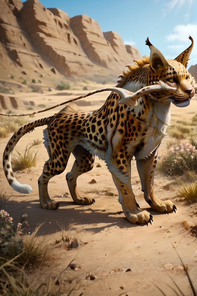 source_furry, score_9, score_8_up, score_7_up, (coeurl_xv, monster, feline, feral), fur, body fur, yellow fur, black dotted, white hair, animal ears, yellow eyes, detailed eyes, animal nose, whiskers, long whiskers, paws, claws, tail, <lora:FF_CoeurlPony09:0.8>, outdoors, desert setting, from side, look at viewer, midday, sunshine, zPDXL2, zPDXLpg, zPDXLrl, best quality, highly detailed, extreme details, masterpiece, photorealistic, hyperrealistic, ultra realistic, hdr, 4k, uhd, ray tracing, shaded
