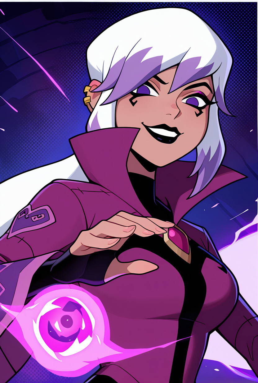 <lora:charmov:1> charmov, long hair, ponytail, , white hair,, 1girl, multicolored hair, purple eyes, ear piercing, two-tone hair, makeup, solo, long sleeves, black lips, purple jacket, long jacket, popped collar, facial expression, dynamic pose, magic, evil smile, evil grin, lookign at viewer,, masterpiece, best quality, amazing quality, very aesthetic, absurdres, newest,, upper body, halftone effect, white borders, abstract background:1.2,