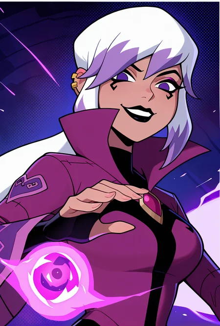 <lora:charmov:1> charmov, long hair, ponytail, , white hair,, 1girl, multicolored hair, purple eyes, ear piercing, two-tone hair, makeup, solo, long sleeves, black lips, purple jacket, long jacket, popped collar, facial expression, dynamic pose, magic, evil smile, evil grin, lookign at viewer,, masterpiece, best quality, amazing quality, very aesthetic, absurdres, newest,, upper body, halftone effect, white borders, abstract background:1.2,