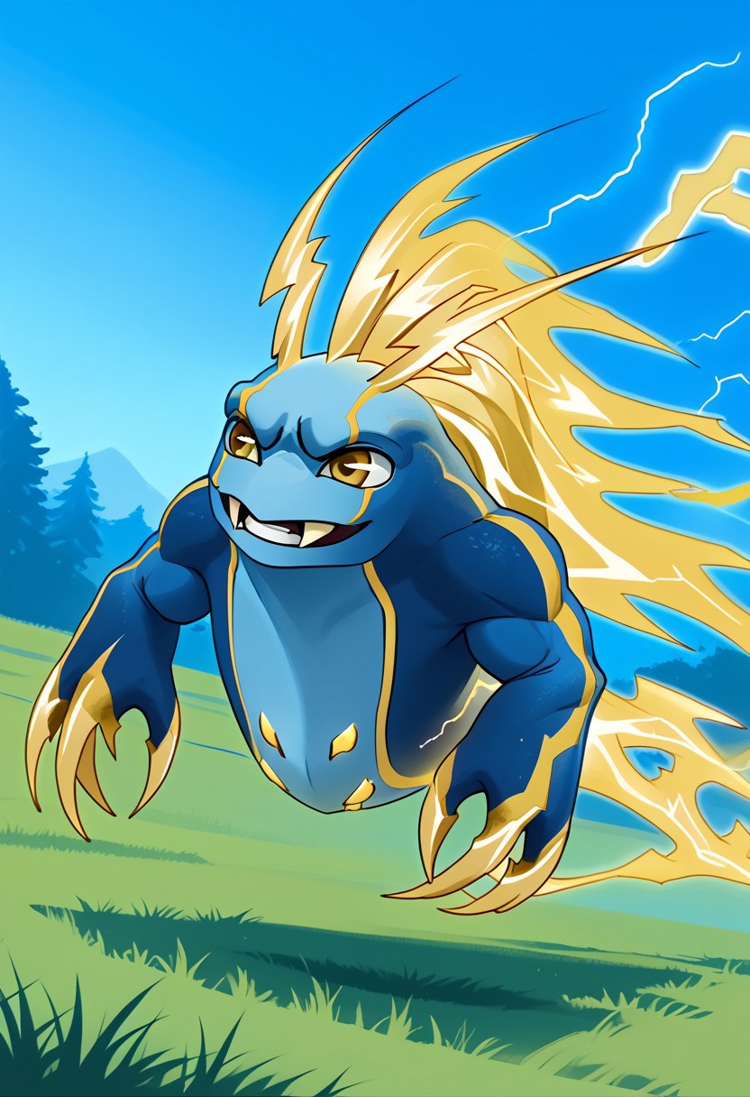 BREAK score_9, score_8_up, score_7_up, source_cartoon, Joules_Tazerlings, ray-shaped antennae, yellow rays, yellow eyes, two-tone skin, light blue-blue, light blue chest, yellow claws, tail of electricity, grass, smile, (creativity:1.3), outdoors,