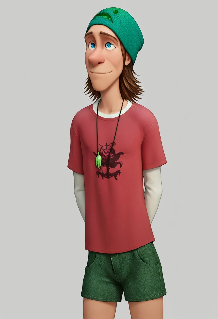 score_9, score_8_up, score_7_up, 8k, masterpiece, charturnerv2, sz4d3k, cell shaded, face focus, even skin tone, indirect lighting, detailed face, detailed eyes, detailed, male only, 1boy, solo, alone, Fred, green beanie, blue eyes, red shirt, short sleave shirt over long sleave shirt, jean shorts,