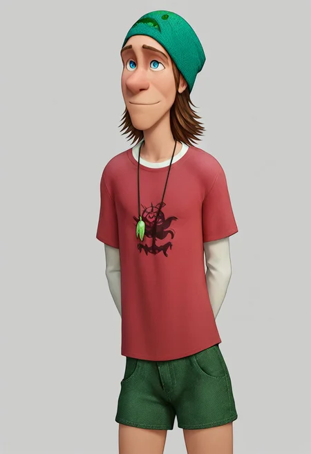 score_9, score_8_up, score_7_up, 8k, masterpiece, charturnerv2, sz4d3k, cell shaded, face focus, even skin tone, indirect lighting, detailed face, detailed eyes, detailed, male only, 1boy, solo, alone, Fred, green beanie, blue eyes, red shirt, short sleave shirt over long sleave shirt, jean shorts,