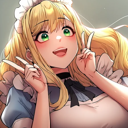 masterpiece,best quality,newest,absurdres,highres,<lora:noobai_ep11_stabilizer_v0.138_fp16:1>,<lora:Pak Hain:1>,pak hain,blonde hair,green eyes,maid,double_v,