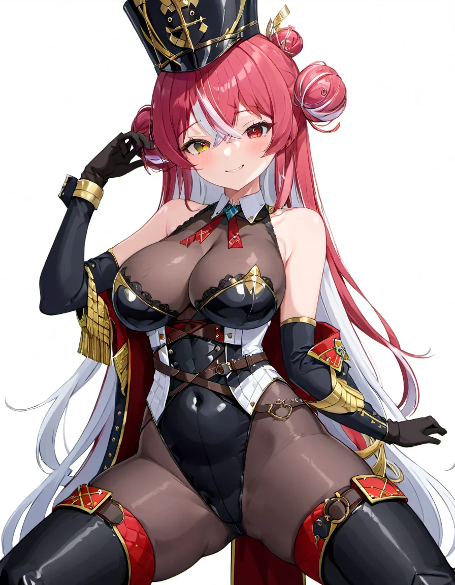 <lora:Houshou_Marine:.8> houshou marine, solo, shako cap, large breasts, long hair, hat, gloves, heterochromia, covered navel, looking at viewer, white hair, leotard, multicolored hair, parted lips, white background, elbow gloves, black leotard, smile, simple background, blush, thigh boots, bare shoulders, boots, pantyhose, hair bun, black headwear, cleavage, holding, black gloves, streaked hair, black footwear, official alternate costume