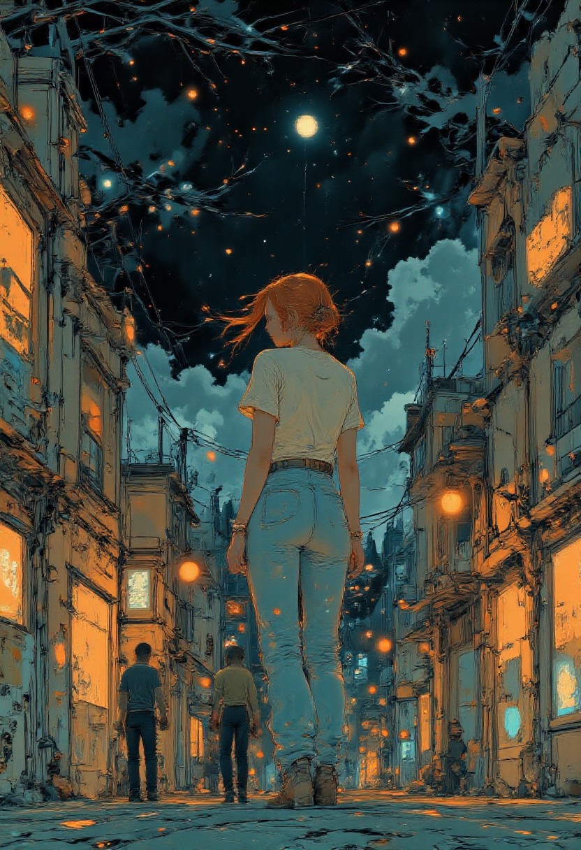 A vibrant, anime-style illustration depicting a 25yo girl walking along a city street, under a starry, jet black sky. The girl is seen from behind, wearing torn jeans, and a white turtleneck sweater. Her long, red hair flows gently as she walks, and her white sneakers stand out against the dark sidewalk. The atmosphere is dark, yet tranquil, capturing a moment of quiet exploration.
Behind her, a black cat winds along the sidewalk, its tail lifted while it follows the girl. The cats presence adds a whimsical yet mysterious touch to the scene, contrasting with the otherwise serene and structured environment. 
The background features a detailed urban setting, businesses linging the left side of the frame. some of the shops are closed while others are open with bright neon lights. On the right, a busy city street has cars driving by, there is grafitti on some of the buildings, adding to the dark but mysterious nature of the city
The lighting is dark and natural, casting sharp shadows and highlighting the vivid colors of the scene. The overall mood is dark, melancholy and mysterious, blending the vibrancy of the city with the mysterious presence of the cat.
<lora:Anime v1.3:1.2> <lora:Blue_Future:0.9> <lora:Ethereal_Brush_Anime_v1.0:0.6> <lora:It's a LoRA for portraits, BUT! actually specialized in backgrounds. v1.0:0.2>  <lora:Sakimi_chan_-_FLUX:1>