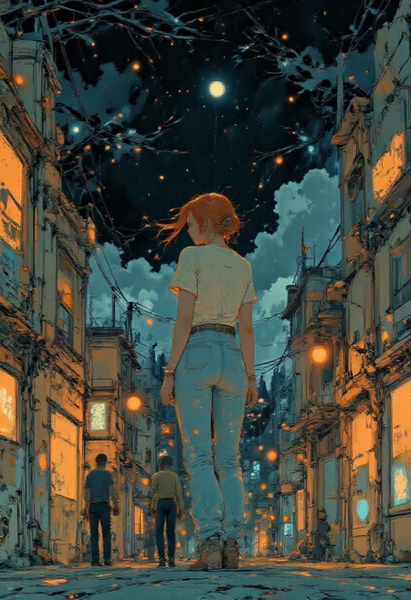 A vibrant, anime-style illustration depicting a 25yo girl walking along a city street, under a starry, jet black sky. The girl is seen from behind, wearing torn jeans, and a white turtleneck sweater. Her long, red hair flows gently as she walks, and her white sneakers stand out against the dark sidewalk. The atmosphere is dark, yet tranquil, capturing a moment of quiet exploration.
Behind her, a black cat winds along the sidewalk, its tail lifted while it follows the girl. The cats presence adds a whimsical yet mysterious touch to the scene, contrasting with the otherwise serene and structured environment.
The background features a detailed urban setting, businesses linging the left side of the frame. some of the shops are closed while others are open with bright neon lights. On the right, a busy city street has cars driving by, there is grafitti on some of the buildings, adding to the dark but mysterious nature of the city
The lighting is dark and natural, casting sharp shadows and highlighting the vivid colors of the scene. The overall mood is dark, melancholy and mysterious, blending the vibrancy of the city with the mysterious presence of the cat.
<lora:Anime v1.3:1.2> <lora:Blue_Future:0.9> <lora:Ethereal_Brush_Anime_v1.0:0.6> <lora:It's a LoRA for portraits, BUT! actually specialized in backgrounds. v1.0:0.2> <lora:Sakimi_chan_-_FLUX:1>