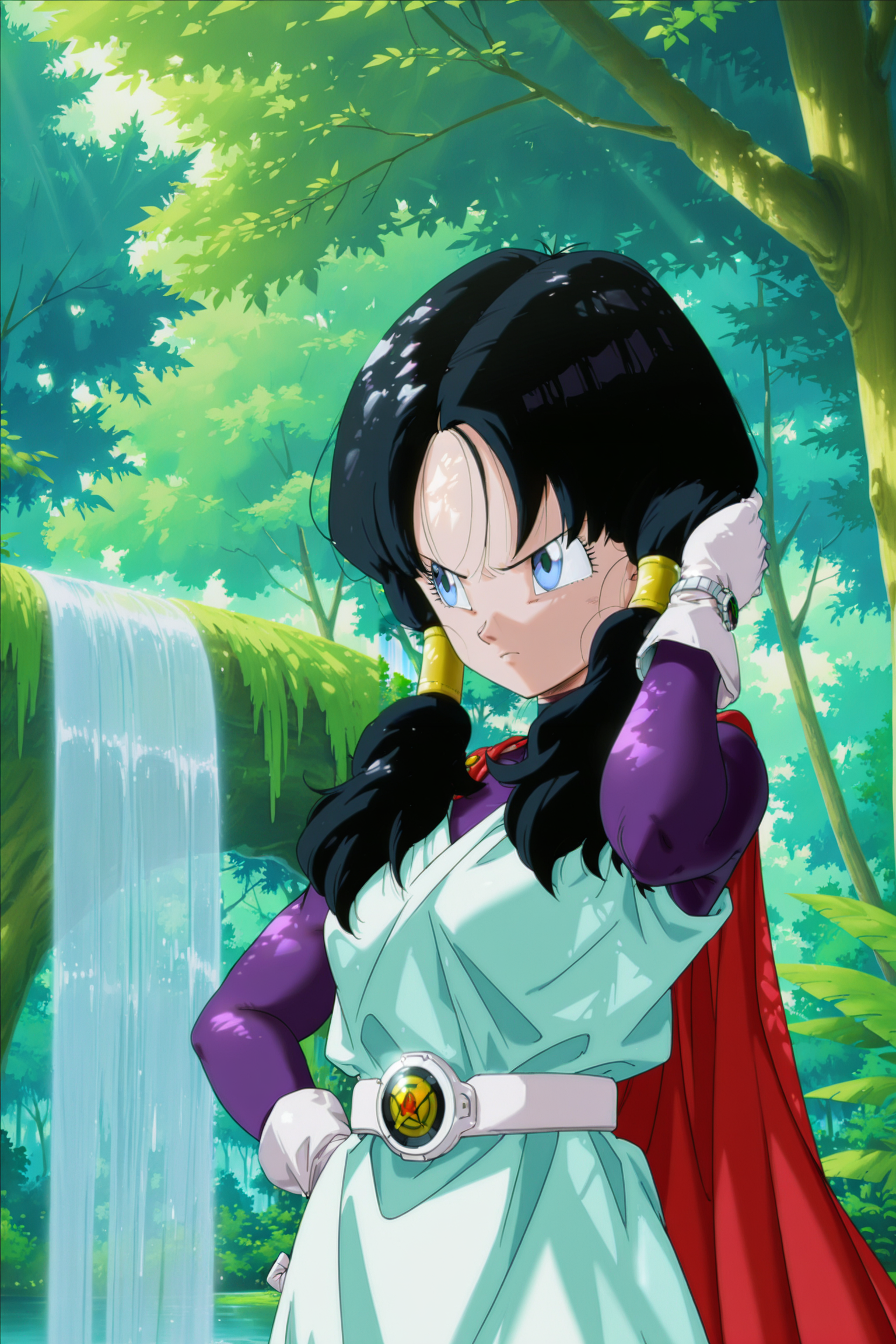 anime screencap, masterpiece, best quality, amazing quality, very aesthetic, absurdres,  newest, (scenery, volumetric lighting), official style, 
videl,  great saiyaman costume, girl, solo, blue eyes, twin tails, long hair, black hair, hair tubes, closed mouth, upper body, outdoors, white gloves, sleeveless green tunic, red cape, purple bodysuit, wristwatch, white belt, hand on hip, v-shaped eyebrows, (annoyed), looking to the side, waterfall, nature, tree, water, forest, eyelashes, hand in hair, arm up, dappled sunlight, 
 <lora:Videl_IL_v2:0.8>