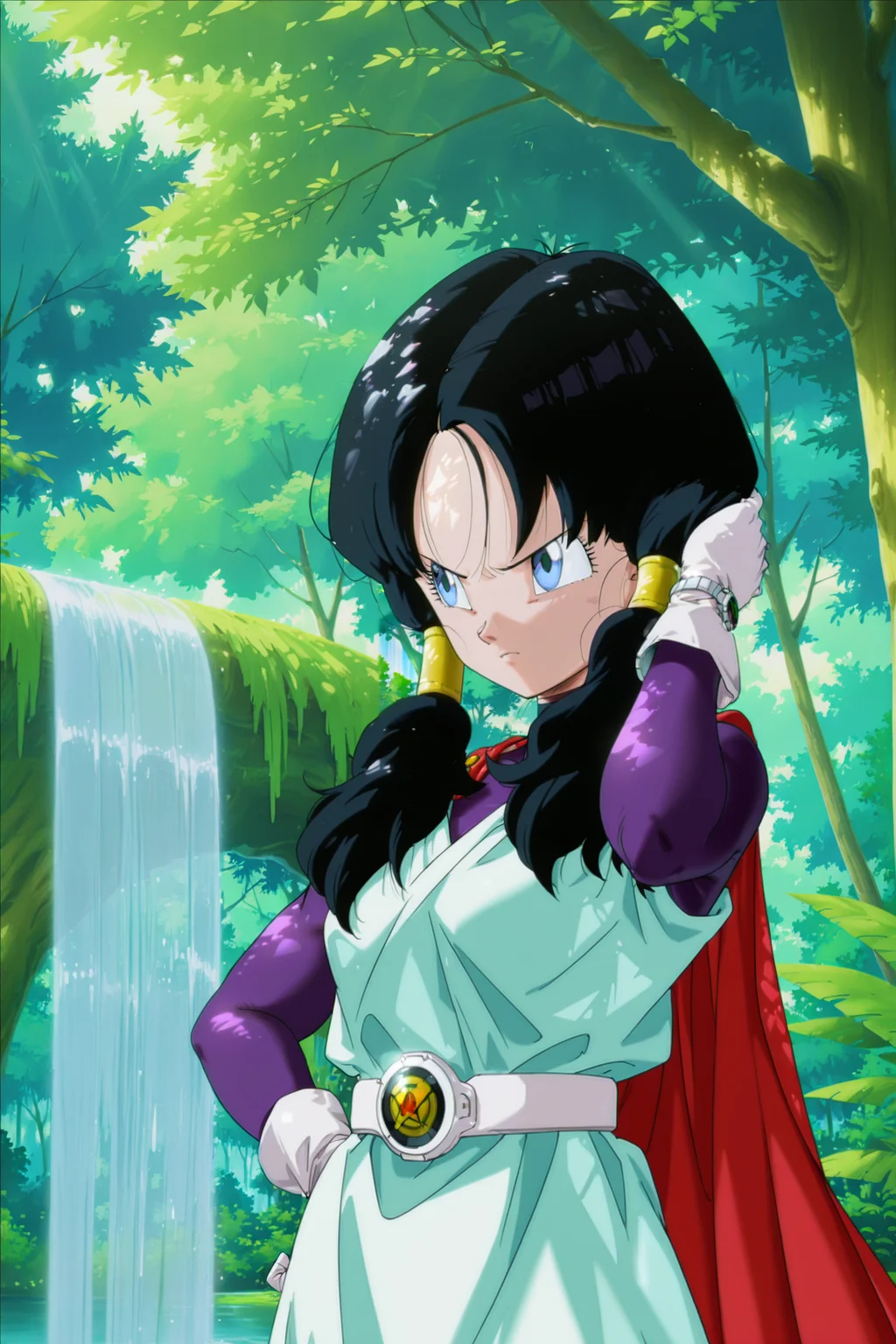 anime screencap, masterpiece, best quality, amazing quality, very aesthetic, absurdres, newest, (scenery, volumetric lighting), official style,
videl, great saiyaman costume, girl, solo, blue eyes, twin tails, long hair, black hair, hair tubes, closed mouth, upper body, outdoors, white gloves, sleeveless green tunic, red cape, purple bodysuit, wristwatch, white belt, hand on hip, v-shaped eyebrows, (annoyed), looking to the side, waterfall, nature, tree, water, forest, eyelashes, hand in hair, arm up, dappled sunlight,
<lora:Videl_IL_v2:0.8>