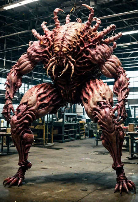 solo,full body,indoors, a fleshmutant crabomination with arthropod legs in a factory
