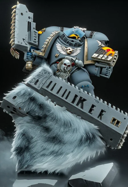 Absurdres, score_9_up, Source: Warhammer40K, Spacewolves Astartes chapter space marines wielding chainswords, gray power armor with fur trim and astartes helmets, wolf motifs, (masterpiece), best quality, expressive eyes, perfect face, 1, space marine, Painstaking Attention To Details, 1990s \(style\), Vintage, Vintage comic book cover of White Dwarf Tabletop Adventures, project unreal engine, volumetric lighting, perfect anatomy, perfect hands, detailed_eye_model, black background, graffiti, blgstyle, ImperialF40k, <lora:PeopleCountSliderLoRAv1:2.0>, <lora:756af36b-d5fa-496f-b9a1-088c62f0c527:0.7>, <lora:6f3a2b85-aa03-4ab1-9f9a-e816ad4b1121:0.7>, <lora:cf26021c-0e88-4b06-9329-8702e6590716:0.7>, <lora:_raging_flames:0.7>, <lora:warhammerAdeptus_v1:0.7>, <lora:e6084b5e-a05d-475d-8afe-925ae03a434b:2.0>, <lora:b8dcc527-1d03-4fe2-ab9e-341ce407290f:0.7>, , , ,
